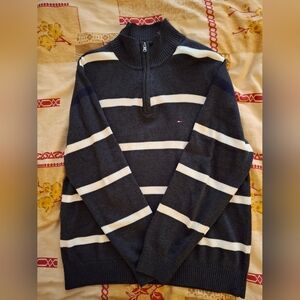 Tommy HIilfiger MensGrey/White Striped 1/4 Quarter Zip Sweater L